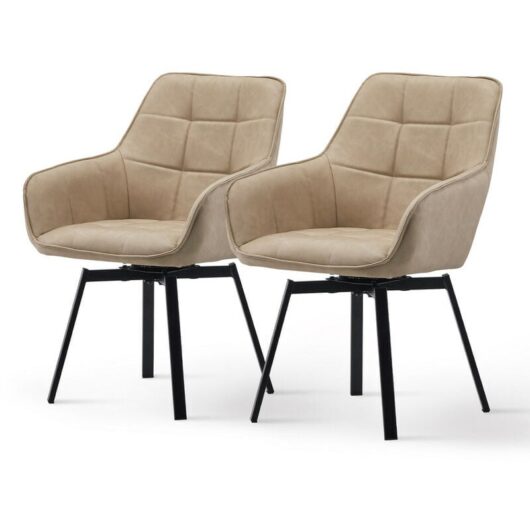 2 x Dining Chairs, Faux Leather Thick Padded 360°Swivel Armchair with Backrest and Metal Legs, Beige