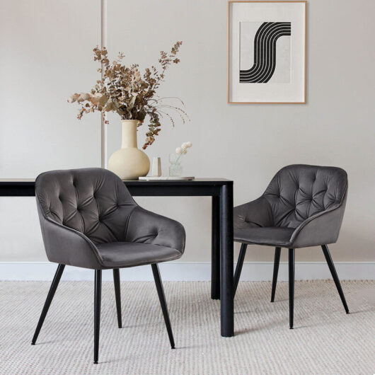 2 x Dining Chairs, Velvet Fabric Thick Padded Upholstered Seat Tub Leisure Chair with Armrest, Grey