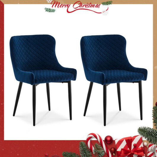 2 x Velvet Dining Chairs, Upholstered Kitchen Leisure Chairs with Metal Legs Accent Chair, Blue