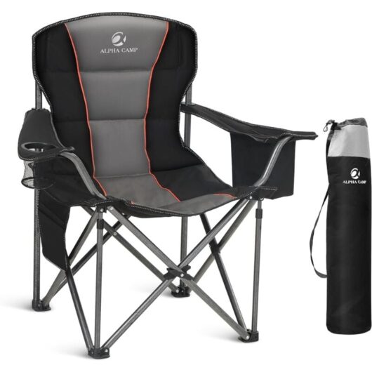 Alpha Camp - Padded Camping Chair Folding Portable Chair Oversized Camping Folding Portable Chair Heavy Duty Steel Frame Grey+Black