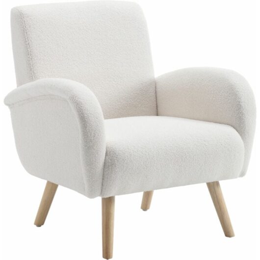Armchair Upholstered in Faux Fur Modern Accent Tub Chair with Wooden Legs Occasional Wingback Lounge Chair for Home Living Room, White, Wahson