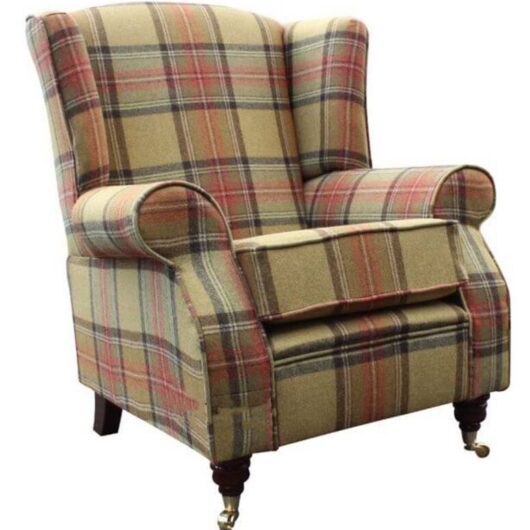 ArnoldWool Tweed Wing Chair Fireside High Back Armchair Beningborough Goldcrest Check Fabric