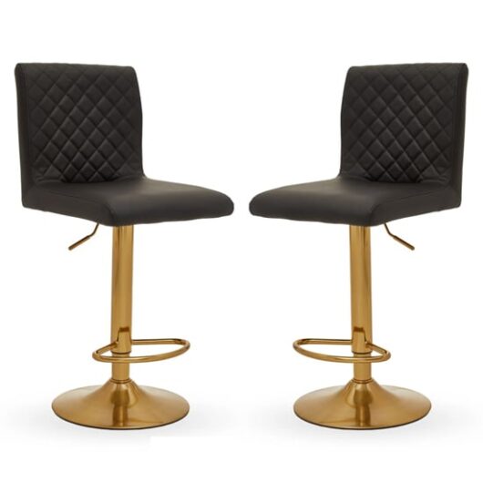 Baino Black Leather Bar Chairs With Round Gold Base In A Pair