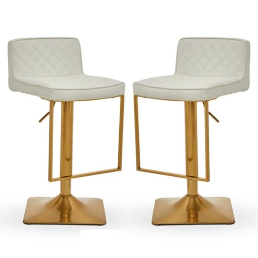 Baino White Leather Bar Chairs With Gold Footrest In A Pair