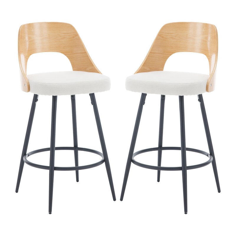 Bar Stools Set of 2 Upholstered in Linen Fabric Breakfast Counter Stools with Wood Back Bar Chairs for Home Bar, Beige, Wahson
