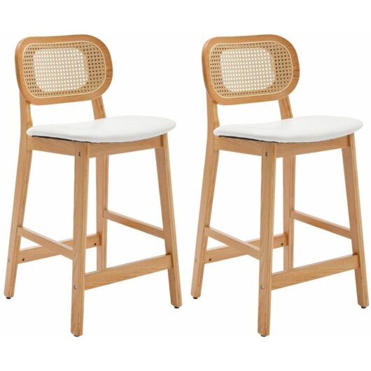 Bar Stools Set of 2 Upholstered in PU Leather Mid Century Counter Chairs with Wood Legs Breakfast Bar Chairs for Home Kitchen, White, Wahson