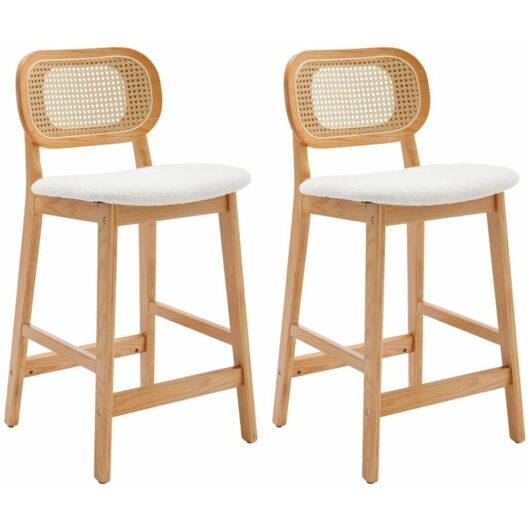 Bar Stools Set of 2 Upholstered in Sherpa Fabric Mid Century Counter Chairs with Wood Legs Breakfast Bar Chairs for Home Kitchen, Beige, Wahson
