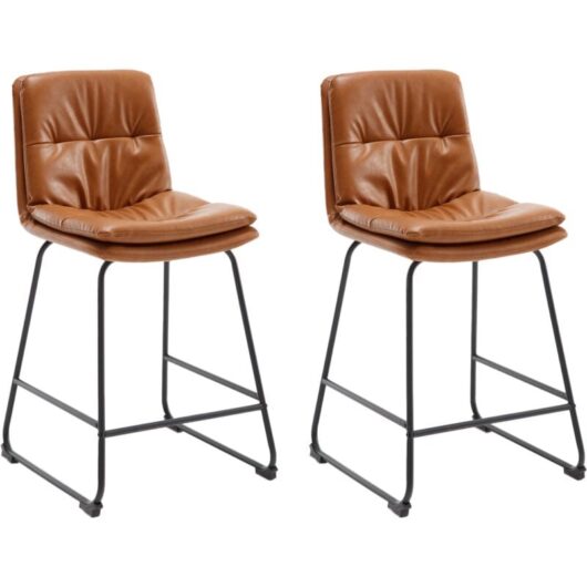 Bar Stools Set of 2 in PU Leather Armless Counter Chairs with Metal Legs Thick Padded for Kitchen Home Bar Restaurant, Brown, Wahson