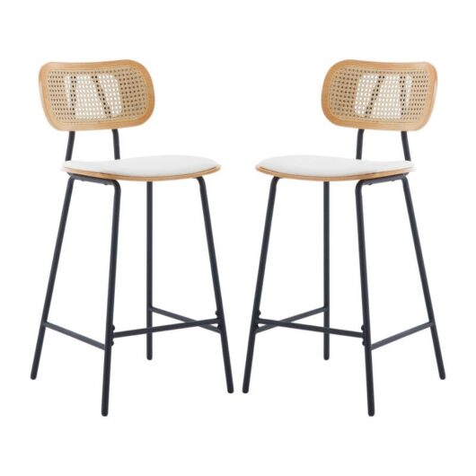 Bar Stools Set of 2 in Rattan Counter Chairs with Metal Legs Breakfast High Stools for Home Bar Kitchen Dining Room, White, Wahson