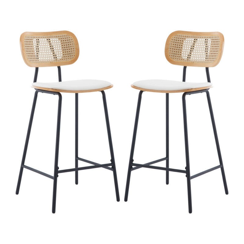 Bar Stools Set of 2 in Rattan Counter Chairs with Metal Legs Breakfast High Stools for Home Bar Kitchen Dining Room, White, Wahson