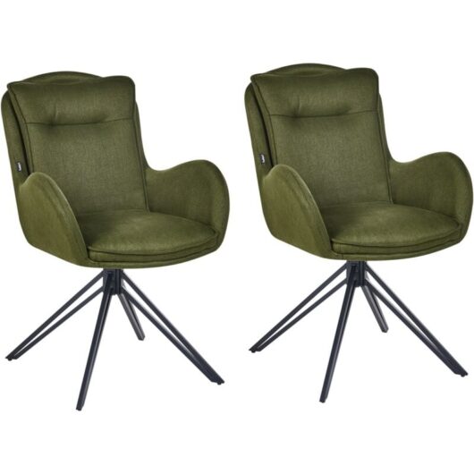 Beliani - Modern Fabric Dining Swivel Chairs Set of 2 Padded Seat Black Metal Legs Dark Green Avelar