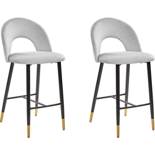 Beliani - Retro Set of 2 Velvet Bar Chairs Grey Black Steel Legs Golden Details Falton