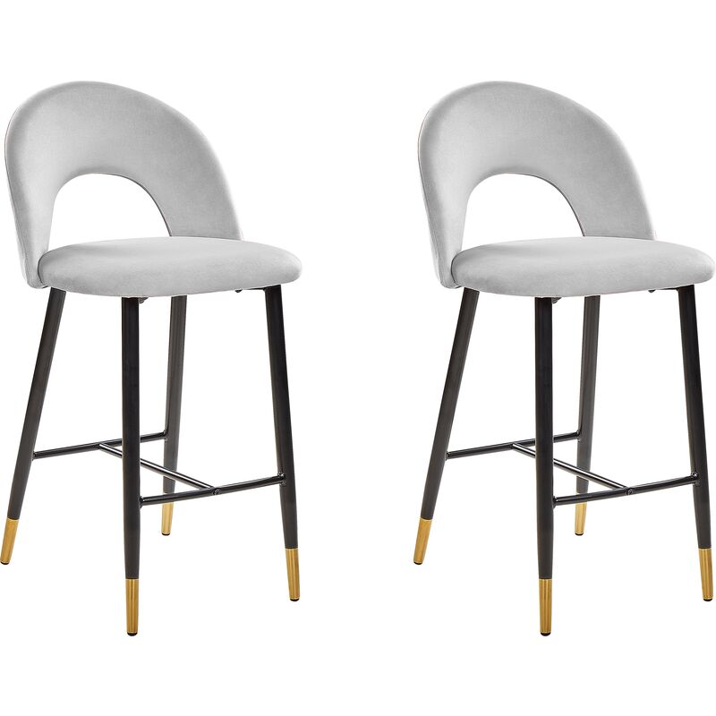 Beliani - Retro Set of 2 Velvet Bar Chairs Grey Black Steel Legs Golden Details Falton