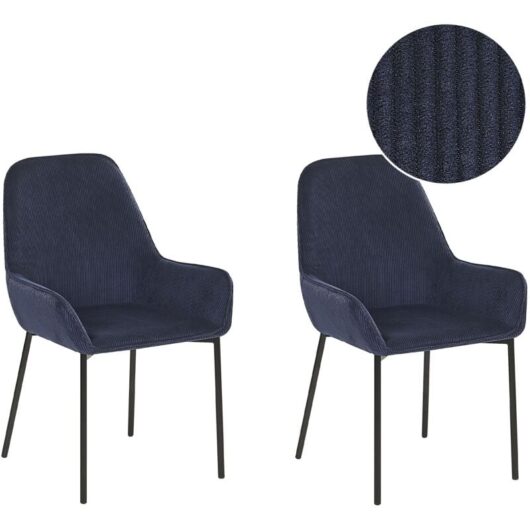 Beliani - Set of 2 Dining Chairs Blue Corduroy Fabric Black Metal Legs Loverna
