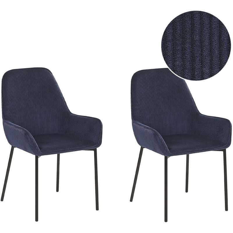 Beliani - Set of 2 Dining Chairs Blue Corduroy Fabric Black Metal Legs Loverna