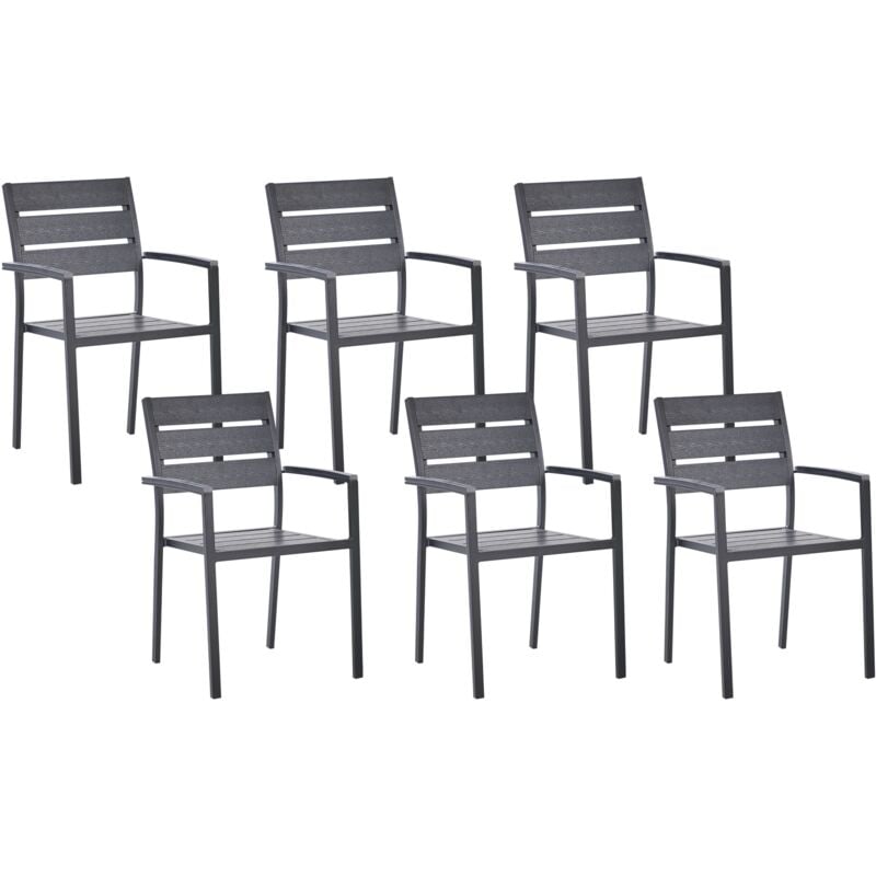 Beliani - Set of 6 Modern Outdoor Dining Chairs Plastic Wood Aluminium Frame Black Vernio