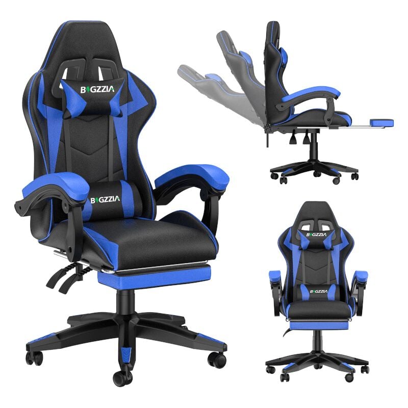 Bigzzia - Vedio Gaming Chair with footrest Gamer Chairs with Lumbar Cushion + Headrest, black and blue