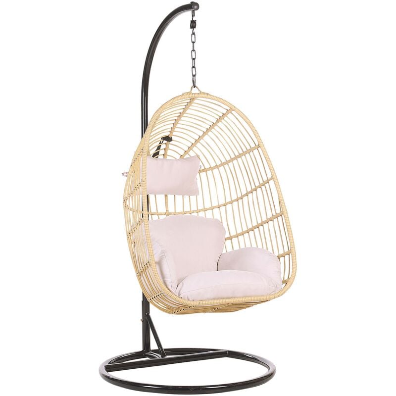 Boho Beige Hanging Chair with Metal Base Indoor-Outdoor Wicker Egg Shape Casoli