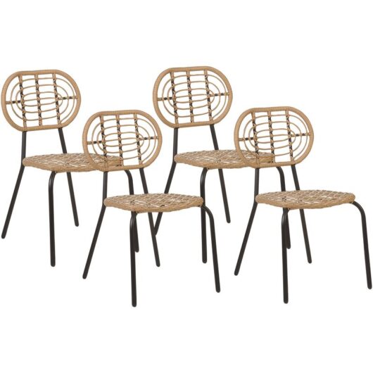Boho Set of 4 pe Rattan Braided Chairs Natural Black Steel Frame Pratello