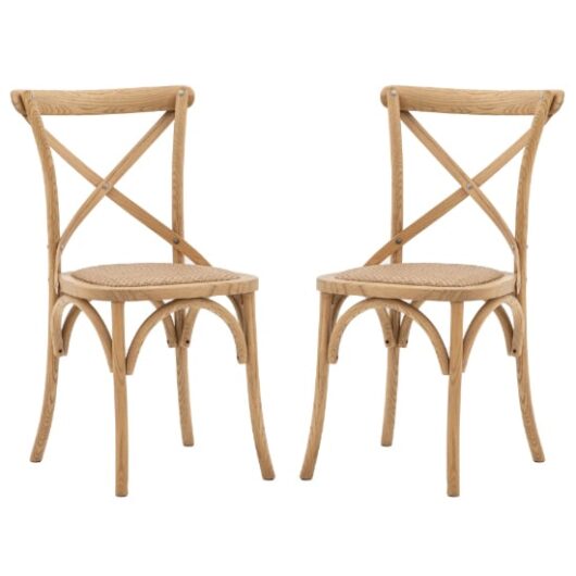 Caria Natural Wooden Dining Chairs With Rattan Seat In Pair