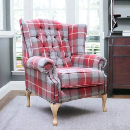 Chesterfield Bloomsbury Queen Anne Wing Chair High Back Armchair Balmoral Cherry Checked Fabric P&S