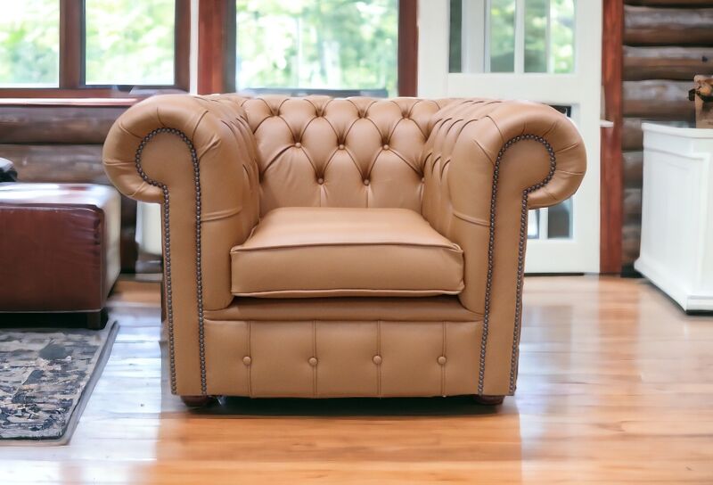 Chesterfield Low Back Club Chair Shelly Saddle Tan Real Leather