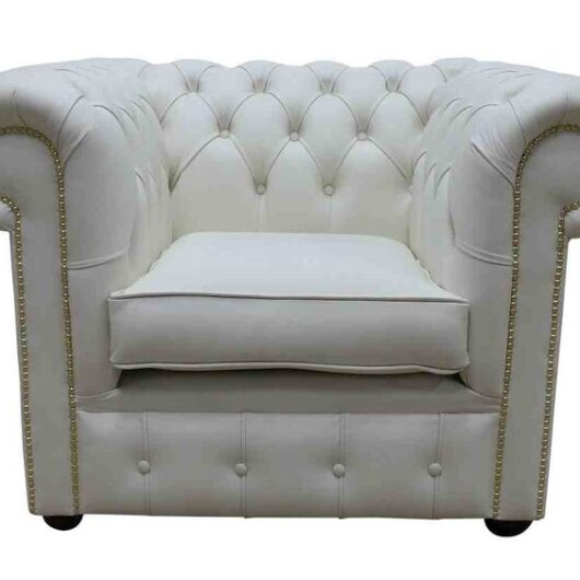 Chesterfield Low Back Club Chair Shelly White Real Leather