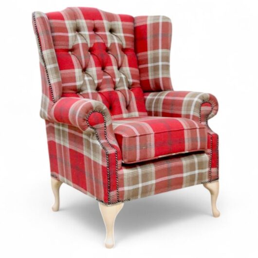 Chesterfield Queen Anne Wing Chair High Back Armchair Balmoral Red Checked Fabric P&S