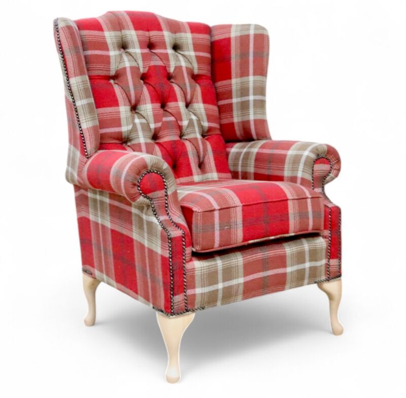 Chesterfield Queen Anne Wing Chair High Back Armchair Balmoral Red Checked Fabric P&S