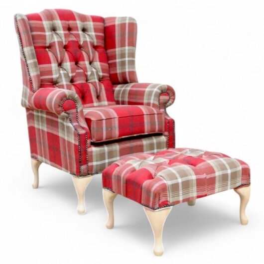 Chesterfield Queen Anne Wing Chair High Back Armchair Balmoral Red Checked Fabric With Footstool