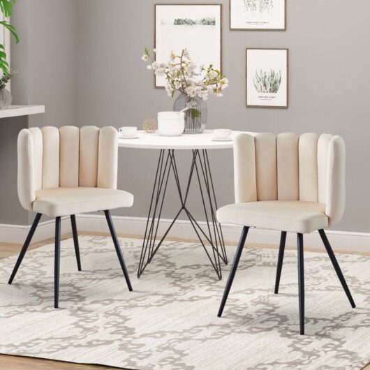 Clipop - Dining Chair, Velvet Thick Padded Upholstered Seat with Black Metal Legs, Cream