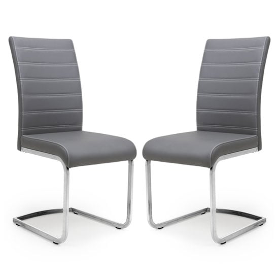 Conary Grey Leather Dining Chairs With Chrome Legs In Pair