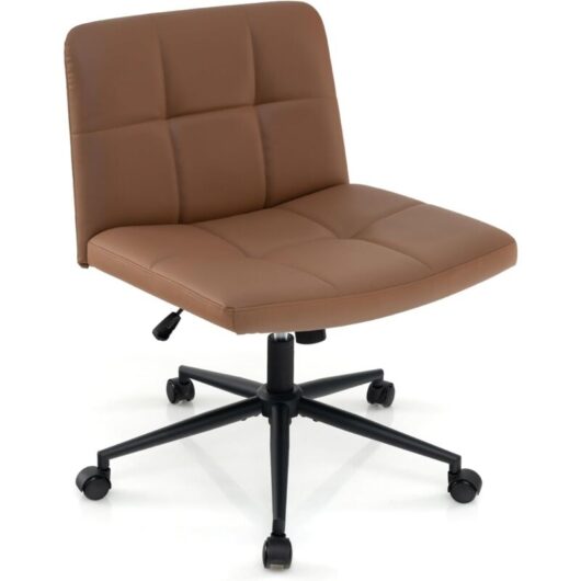 Costway - Criss Cross Chair with Wheels pu Leather Upholstered Cross-legged Office Chair with Oversized U-shaped Seat Coffee