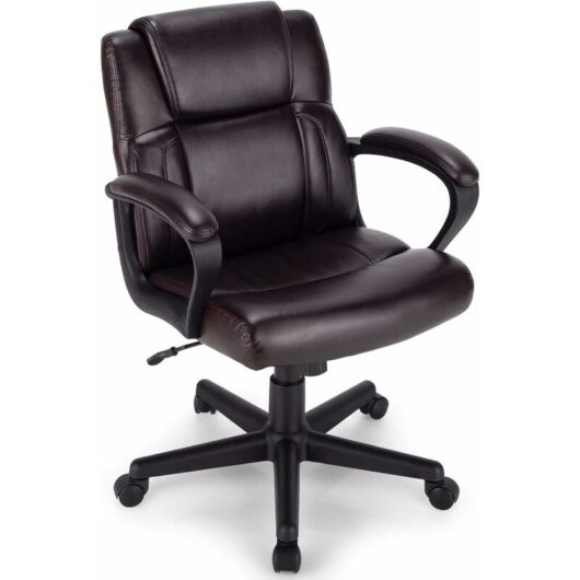 Costway - pu Leather Office Chair, Ergonomic Swivel Executive Desk Chair with Padded Armrests and Wheels, Height Adjustable Mid-Back Computer Task
