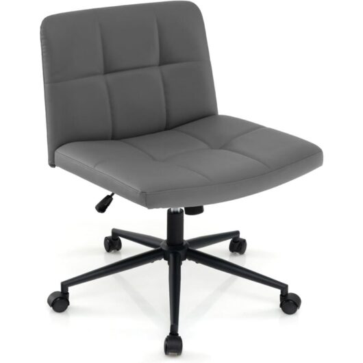 Criss Cross Chair with Wheels PU Leather Upholstered Cross-legged Office Chair with Oversized U-shaped Seat Grey