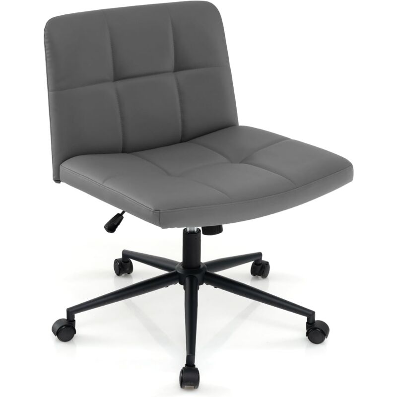 Criss Cross Chair with Wheels PU Leather Upholstered Cross-legged Office Chair with Oversized U-shaped Seat Grey
