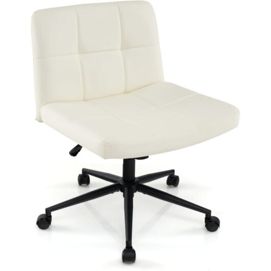 Criss Cross Chair with Wheels pu Leather Upholstered Cross-legged Office Chair with Oversized U-shaped Seat Beige
