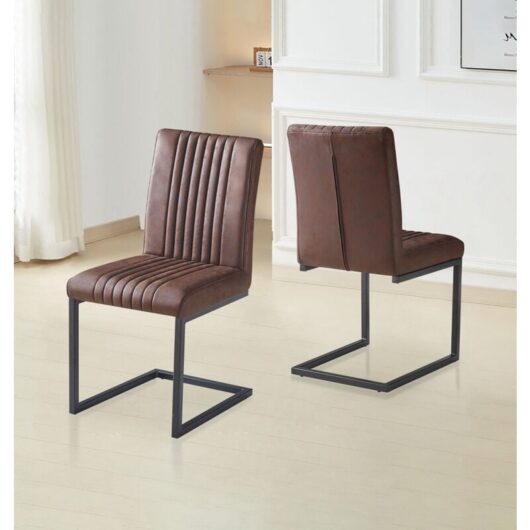 Cullomption Dining Chairs Set of 2, Brown Leather Effect Fabric Chair with Black Metal Legs, Faux Leather Chair, Kitchen Chairs for Home, Office,