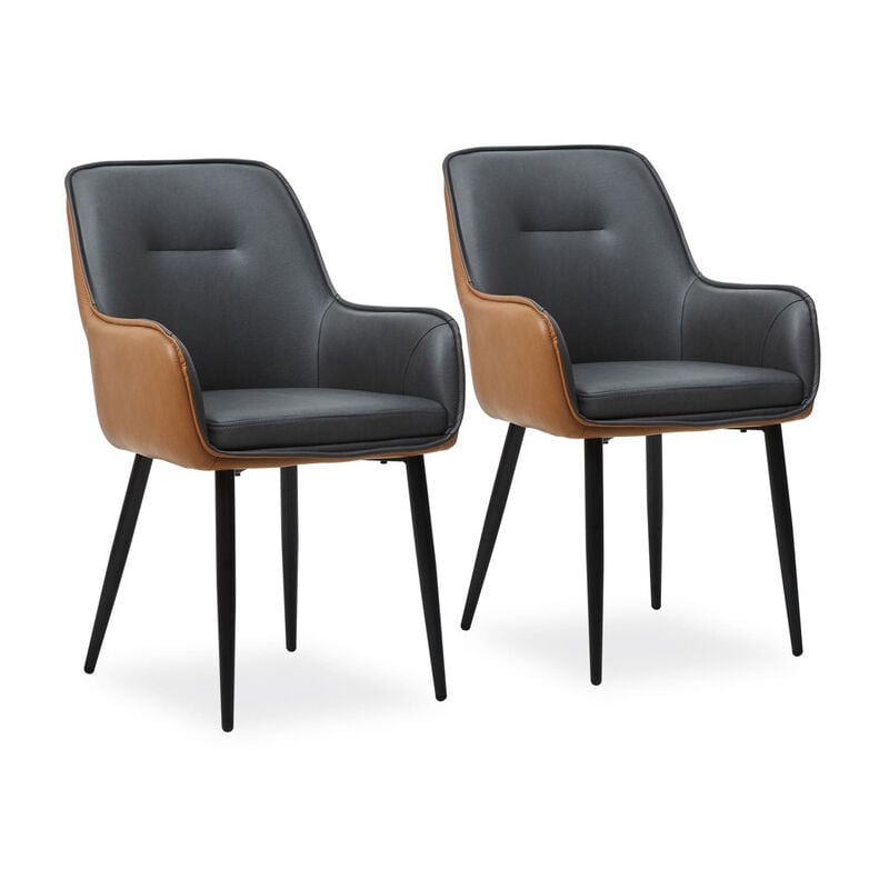 Dining Chairs Set of 2, Grey Brown Faux Leather Padded Kitchen Chairs Accent Armchair with Backrest and Metal Legs, Lounge Living Room Reception