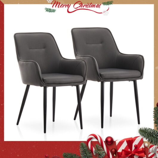Dining Chairs Set of 2 Grey Faux Leather Padded Kitchen Chair Accent Armchair with Backrest and Metal Legs Lounge Living Room Reception Chairs Grey