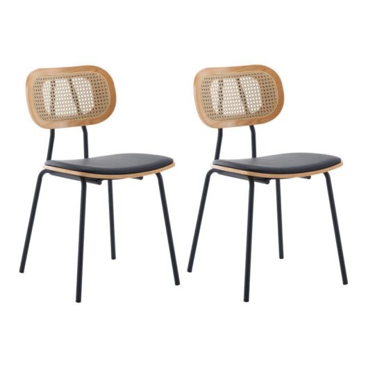 Dining Chairs Set of 2 in Rattan Kitchen Corner Chairs Upholstered Accent Chairs with Metal Legs for Kitchen Restaurant, Black, Wahson