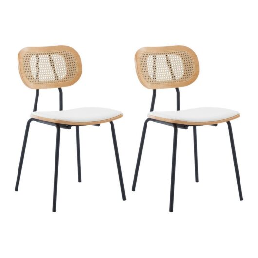 Dining Chairs Set of 2 in Rattan Kitchen Corner Chairs Upholstered Accent Chairs with Metal Legs for Kitchen Restaurant, White, Wahson