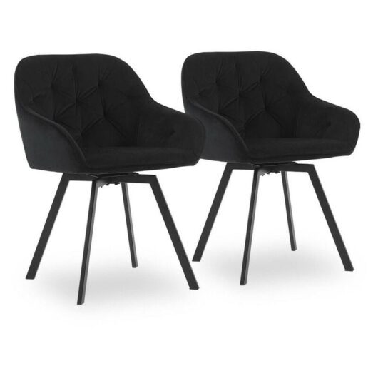 Dining Chairs,2X Velvet Thick Padded 360°Swivel Armchair with Backrest and Metal Legs, Black