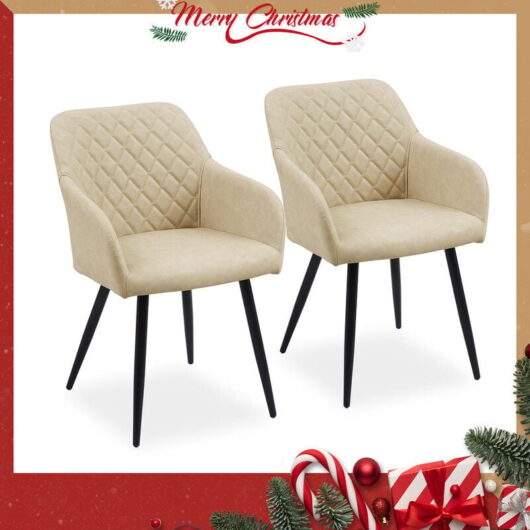 Dining Chairs,2x Faux Leather Kitchen Chairs Upholstered Seat with Backrest and Armrest, Champagne
