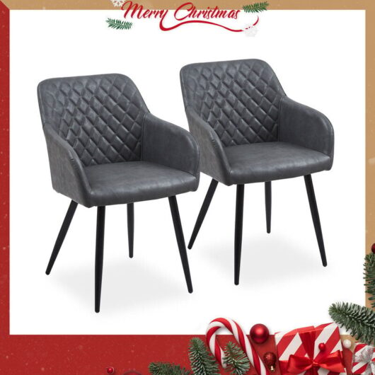 Dining Chairs,2x Faux Leather Kitchen Chairs Upholstered Seat with Backrest and Armrest, Dark Grey