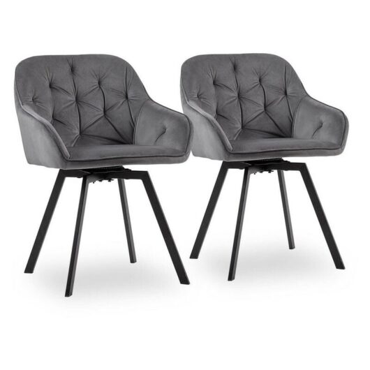 Dining Chairs,2x Velvet Thick Padded 360°Swivel Armchair with Backrest and Metal Legs, Retro Lightgrey