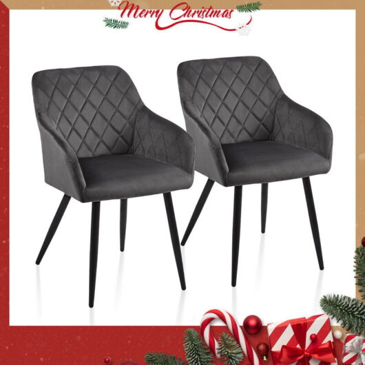 Dining Chairs,2x Velvet Upholstered Seat Kitchen Chairs with Armrests, Grey