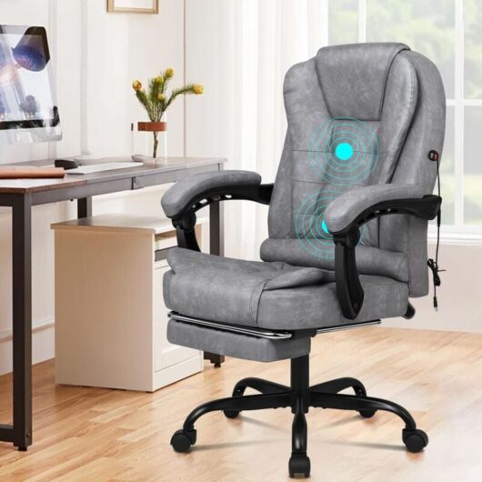 ELFORDSON Massage Office Chair with Footrest Executive Gaming Seat Upgraded Pull-up PU Leather, Vintage Grey