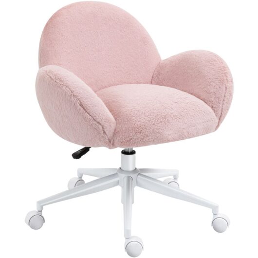 Fluffy Leisure Chair Office Chair with Backrest Armrest Wheels Pink - Homcom