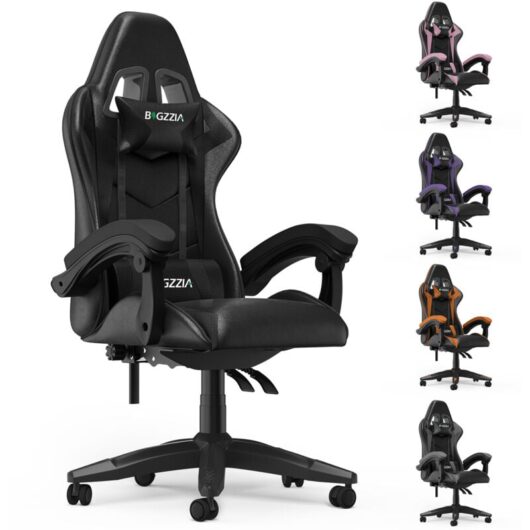Gaming Chair - Gamer Chairs with Lumbar Cushion + Headrest, Height-Adjustable Office & Computer Chair for Adults, Girls, Boys - Black